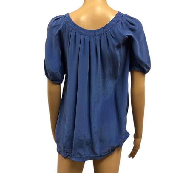 Silk Cynthia Steffe Luxury Blue Short Puff Sleeve Blouse Laced Tie Neck size XS - Picture 5 of 11